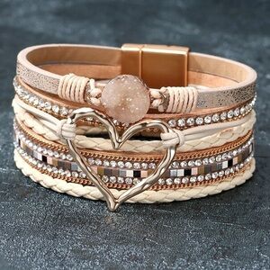 Ivory Rhinestone Druzy and Heart Faux Leather Fashion Bracelet BR04